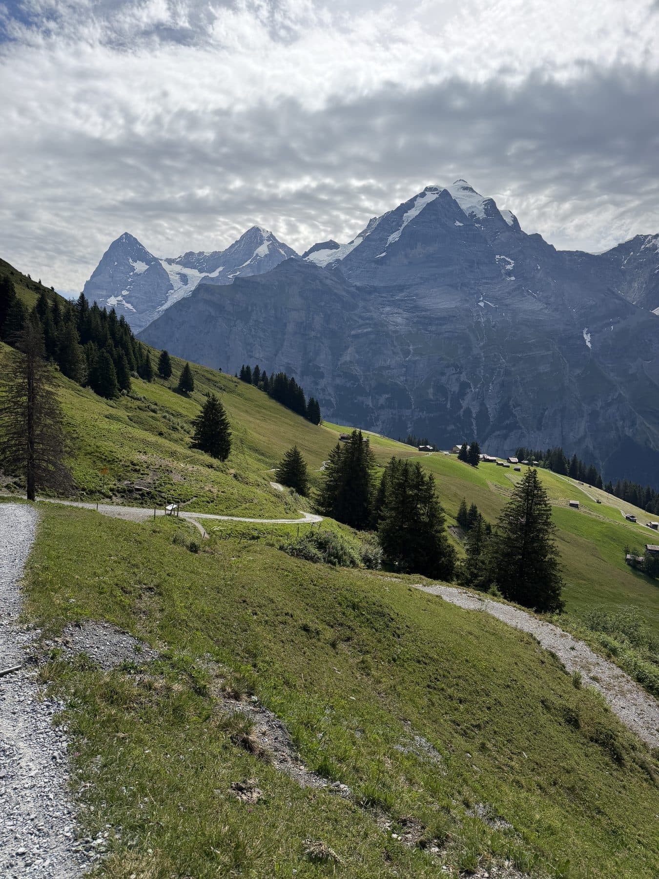 Hiking path through meadows toward the Eiger massif