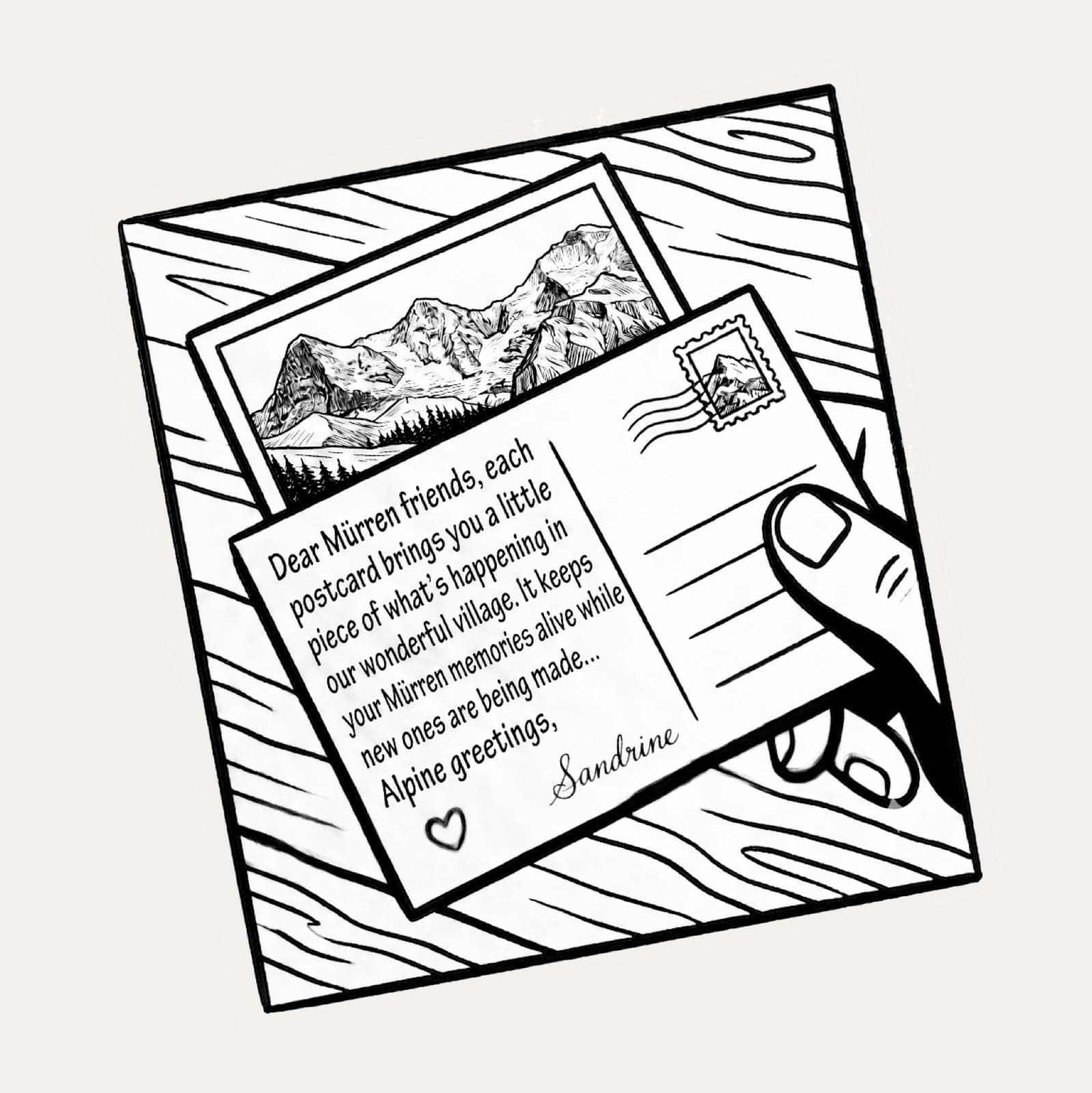 Comic: hand holding a Mürren postcard with alpine greeting from Sandrine