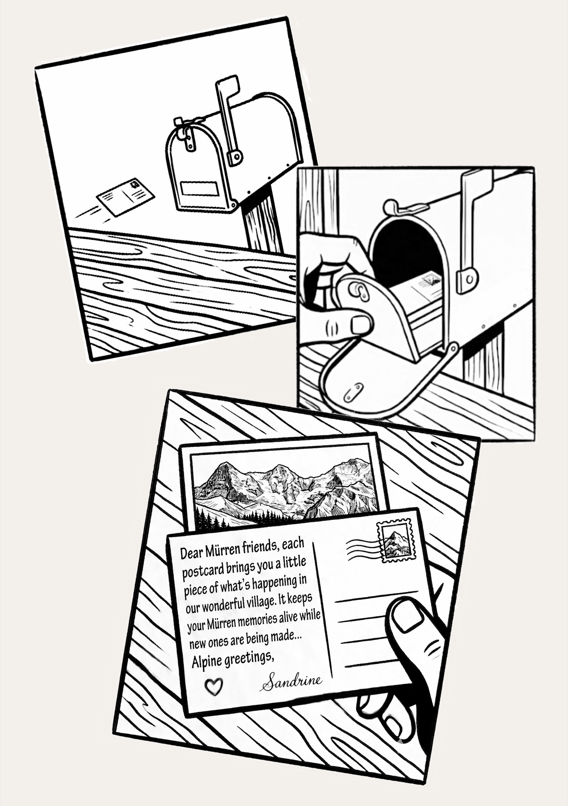 Comic: a Mürren postcard arriving by mail